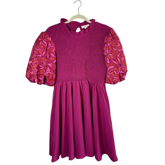 Entro Anthropologie Embroidered Bubble Sleeve Smocked Minidress size Large - Picture 2 of 7